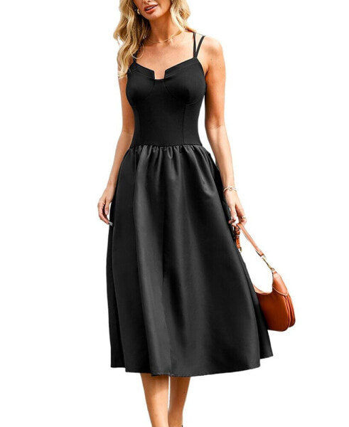 Women's Black Diamond Neck Dual Strap Midi Beach Dress