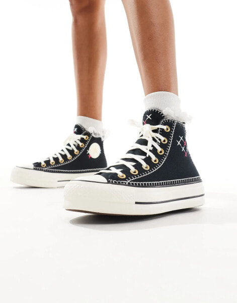 Converse Chuck Taylor All Star Lift Hi in black with cross stitch detail