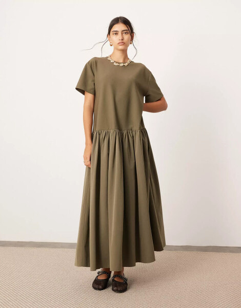 ASOS EDITION jersey contrast fabric tshirt dress with drop waist in olive green