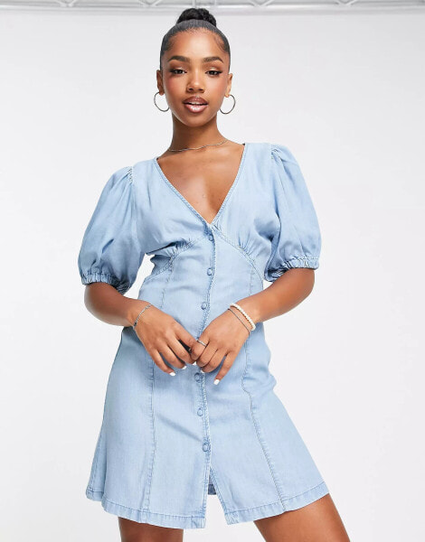 ASOS DESIGN – Mini-Freizeitkleid aus weichem Denim in Blau mit Ziernaht