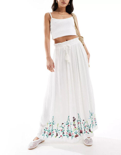 YAS Festival embroidered maxi boho skirt with tie waist in white - WHITE