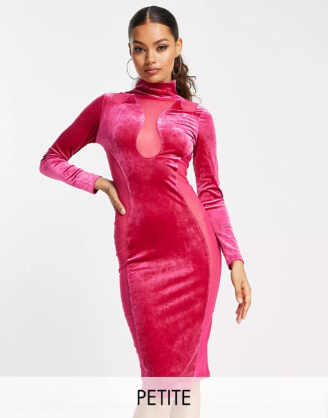 SIMMI Petite – Midi-Bodycon-Kleid in Rosa mit Bahnen aus Samt und Mesh