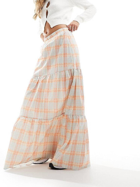 Glamorous scoop tierred maxi skirt in blue check