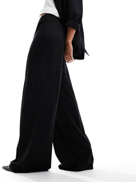 ASOS DESIGN pull on slub wide leg trouser in black