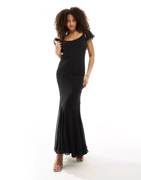 ASOS DESIGN flutter sleeve scoop neck bias panelled maxi dress in black