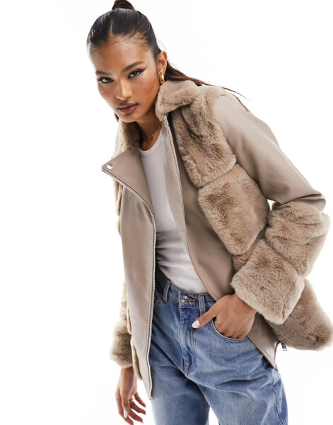 River Island faux fur panelled biker jacket in beige