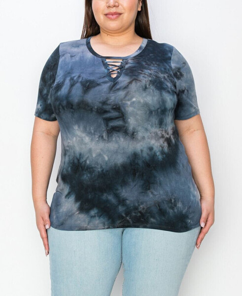 Plus Tie Dye Lace Up Short Sleeve Top