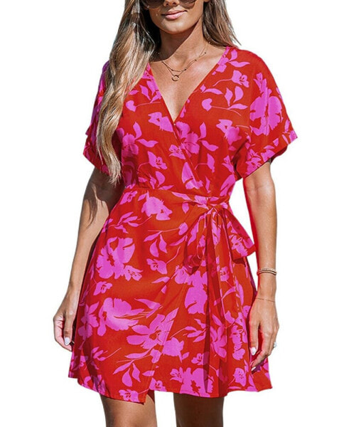 Women's Pink Floral Side Tie Wrap Mini Beach Dress