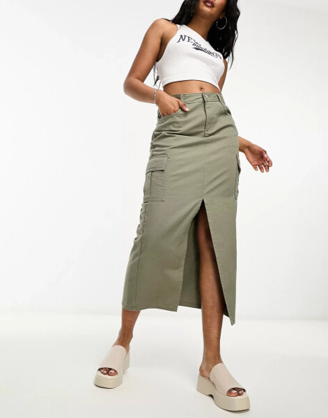 New Look cargo midi skirt in dark khaki