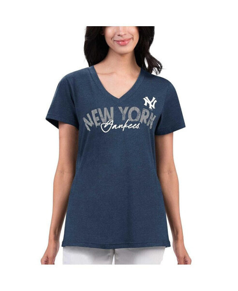 Women's Navy Distressed New York Yankees Key Move V-Neck T-shirt