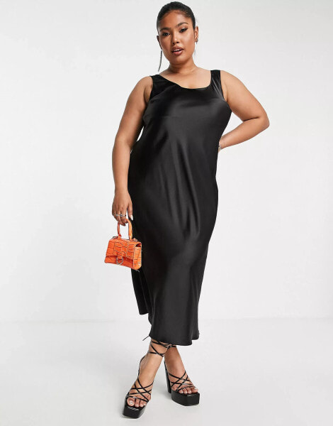 ASOS DESIGN Curve scoop neck midi satin slip dress in black