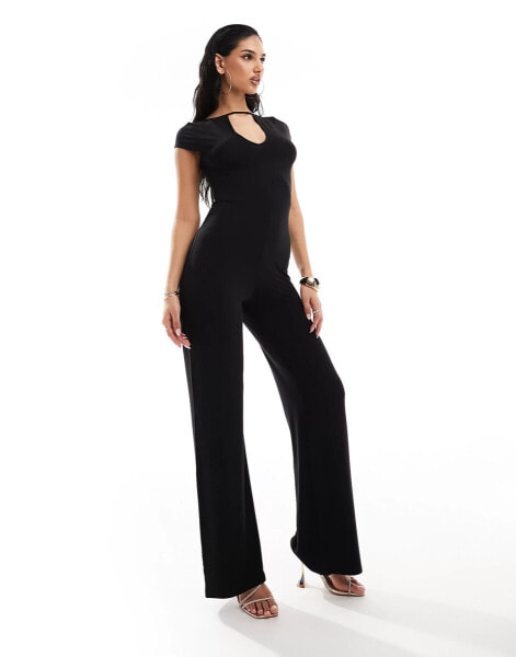 ASOS DESIGN 90s plunge wide leg jumpsuit in black