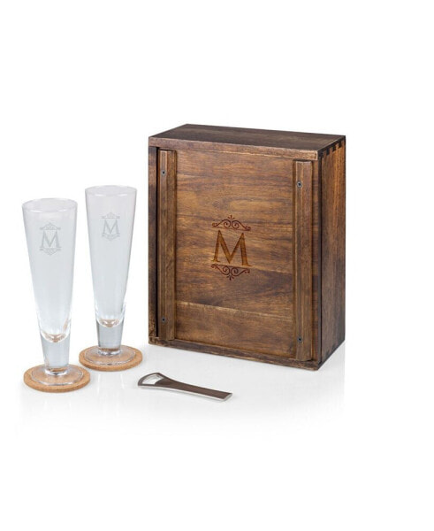 Monogram Pilsner Beer Glass Gift Set, Acacia Wood