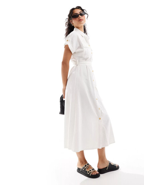 New Look utility belted shirt midi dress in off white