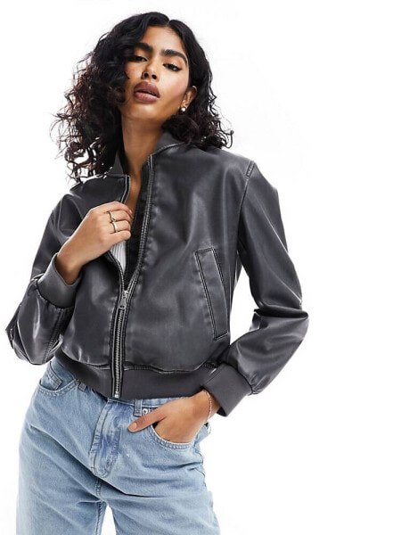 New Look oversized cropped faux leather  biker jacket in black