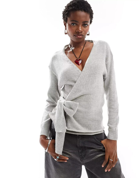 Glamorous wrap front jumper in grey marl knit