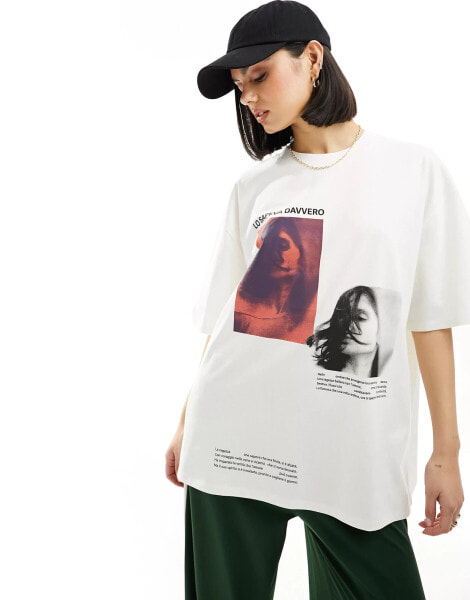 ASOS DESIGN oversized t-shirt with lo sapeva davvero photographic in cream