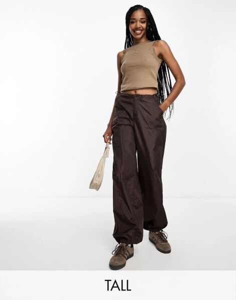 Brave Soul tall utility cargo parachute trousers in brown