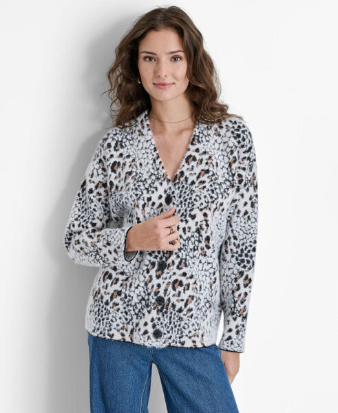 Women's Animal-Print Textured Long-Sleeve Cardigan