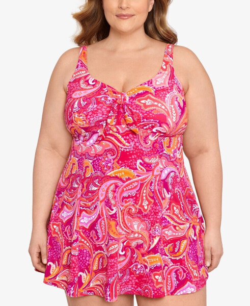 Swim Solutions FUCHSIA PINK Plus Size Tummy-Control Bow-Front Swimdress Size 18W