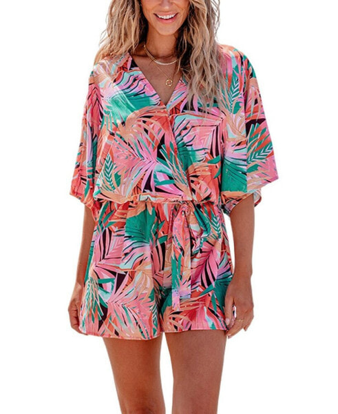 Women's Tropical Surplice Belted Flared Leg Romper