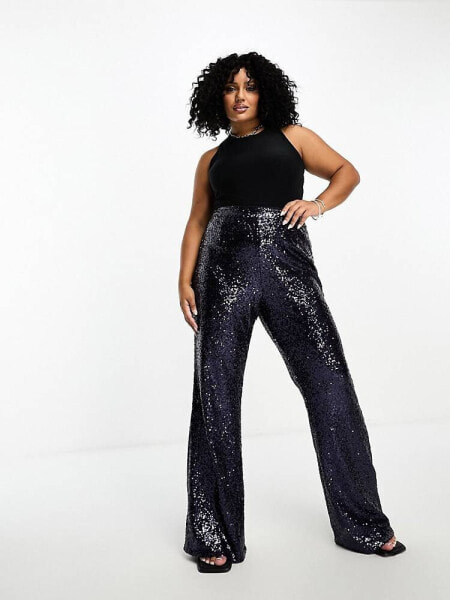 Collective the Label Plus exclusive sequin wide leg trousers in midnight blue