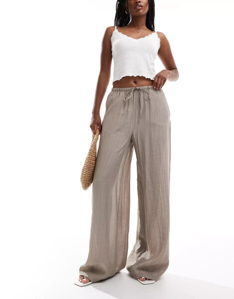 Vero Moda textured drawstring waist wide leg trouser in taupe