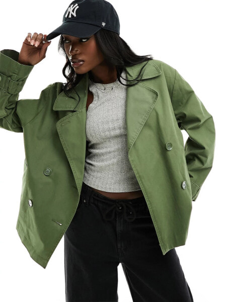 Monki short trench coat in khaki green