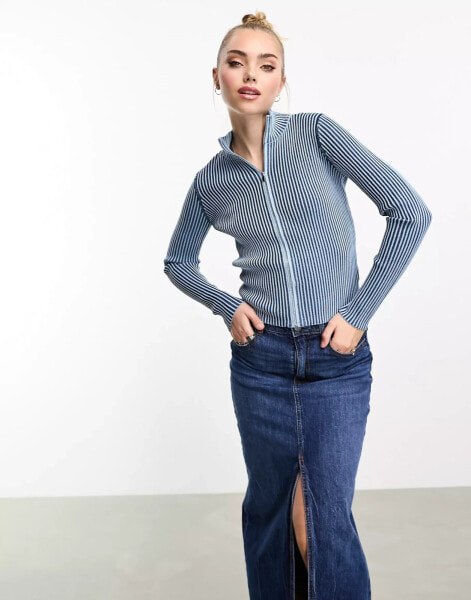 Pimkie contrast rib zip through high neck jumper in blue