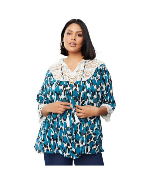 Plus Size June + Vie Lace-Trim Crinkle Blouse