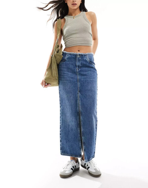 AllSaints Cyra double split denim maxi skirt in mid wash blue