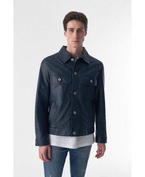 Men's Genuine Leather Trucker Jacket, Navy