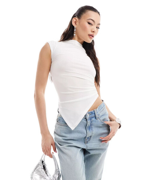 ASOS DESIGN grown on high neck gathered asymmetric hem top in ivory