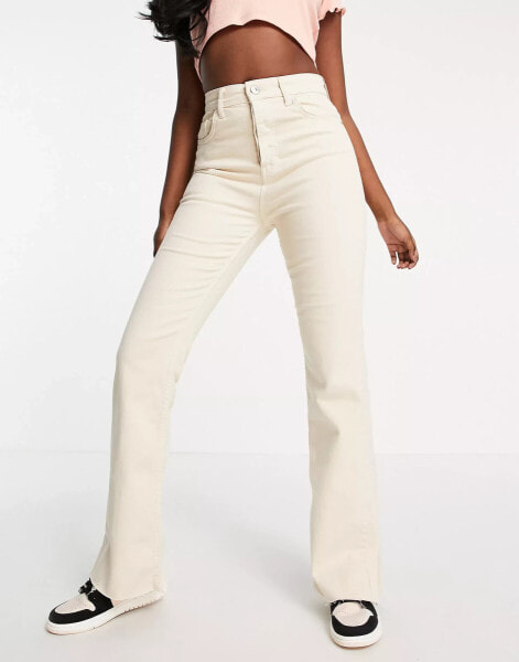 Stradivarius slim flare jean with split detail in ecru