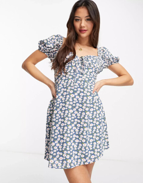 Glamorous milkmaid mini tea dress in blue daisy