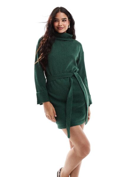 Vila roll neck mini jumper dress with tie waist in green