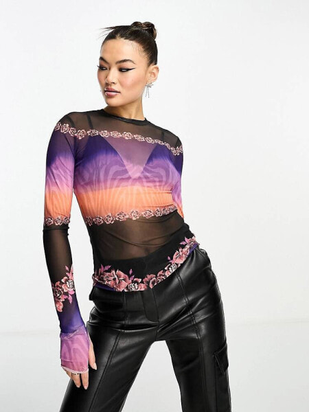 AFRM kaylee long sleeve mesh top with floral and zebra print