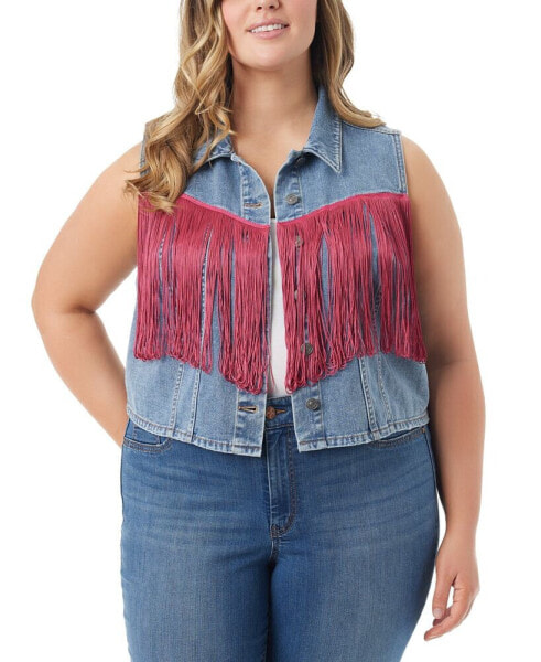 Trendy Plus Size Cropped Fringe Denim Vest