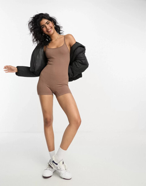 ASOS DESIGN seamless ribbed short unitard in mocha