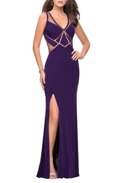 La Femme 161493 Women's Geometric Cutout Jersey Gown V-Neck Plum Sz. 8