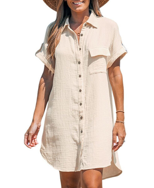 Women's Collared Front Button Mini Beach Dress