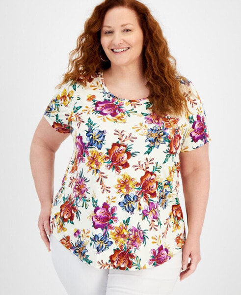 JM Collection Plus Size Garden Statement Scoop-Neck Top, Created for Macy's