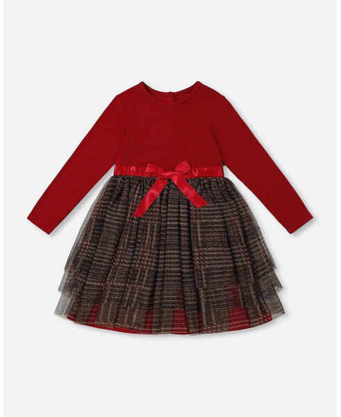 Big Girls Bi-Material Dress With Glittering Tulle Skirt Red Plaid