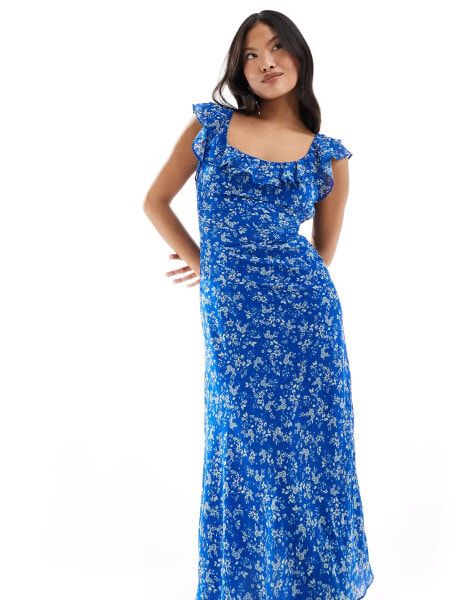 Forever New Petite ruffle sleeve midi dress in ditsy blue floral