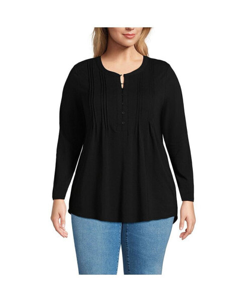 Plus Size Long Sleeve Lattice Pintuck Tunic