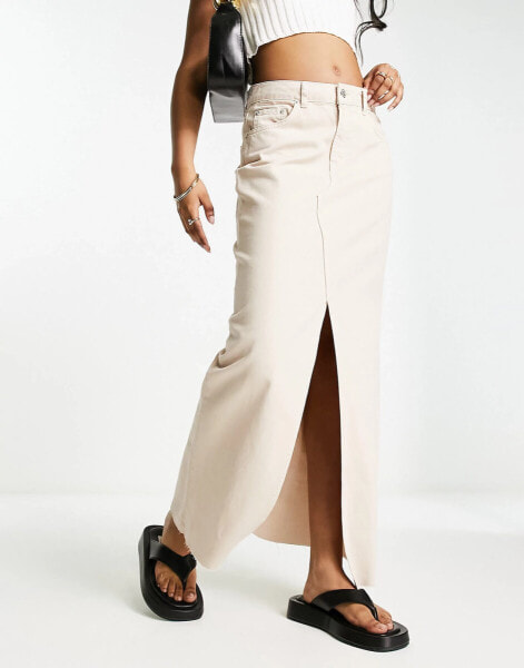 ASOS DESIGN lightweight denim maxi skirt with split front in taupe