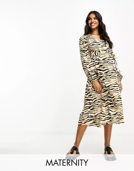 River Island Maternity zebra print wrap midi dress in brown