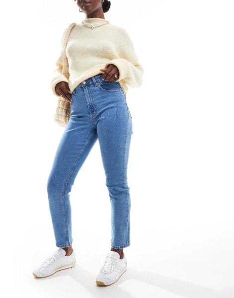 ASOS DESIGN slim fit comfort mom jeans in clean mid blue