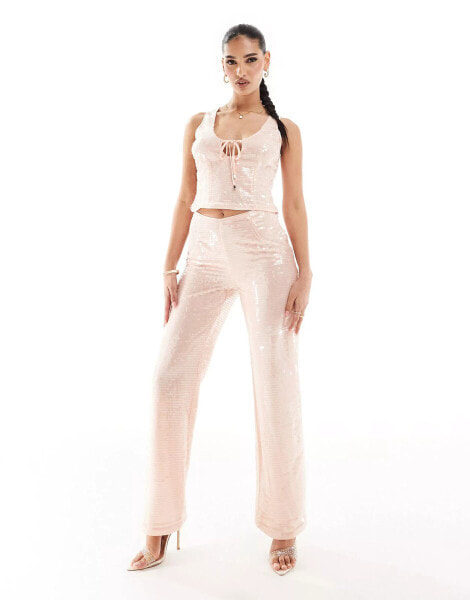 Kaiia sequin wide leg trousers co-ord in pale pink