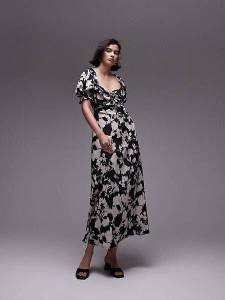 Topshop printed lace up midi dress in mono animal